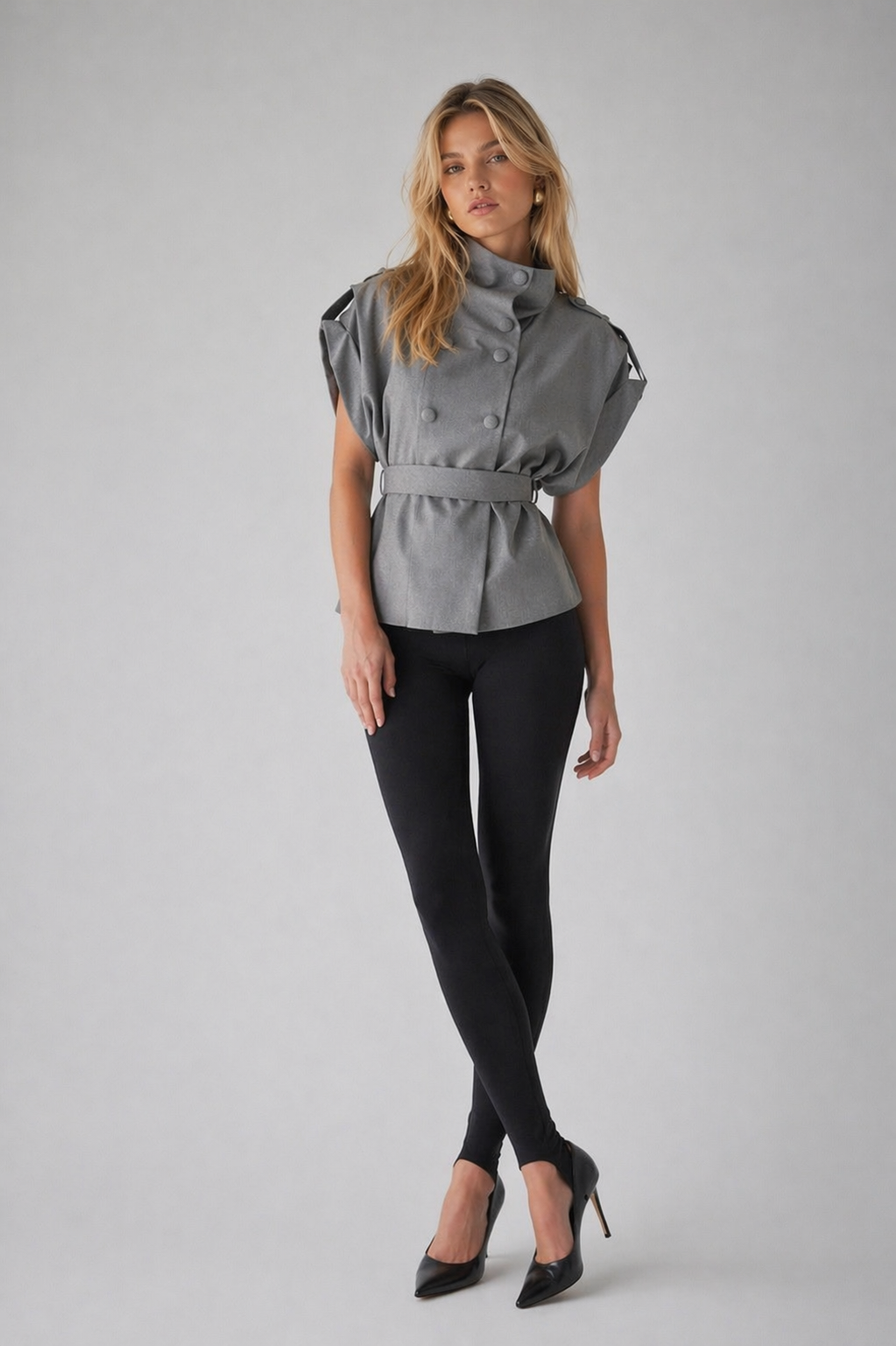 Structured High-Neck Tailored Vest with Belt