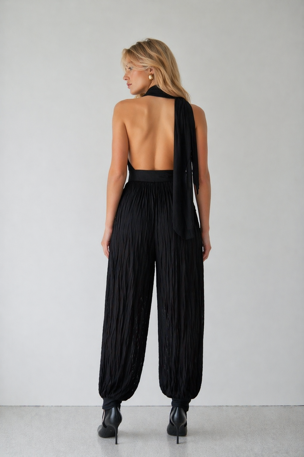 Deep V Halter Bodysuit with Scarf Neck Detail