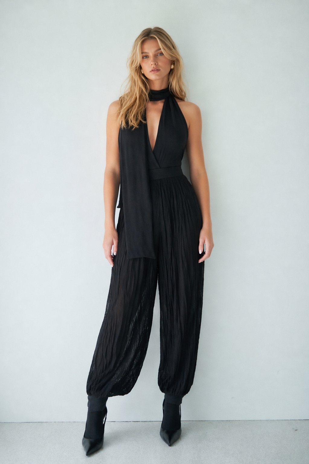 Deep V Halter Bodysuit with Scarf Neck Detail