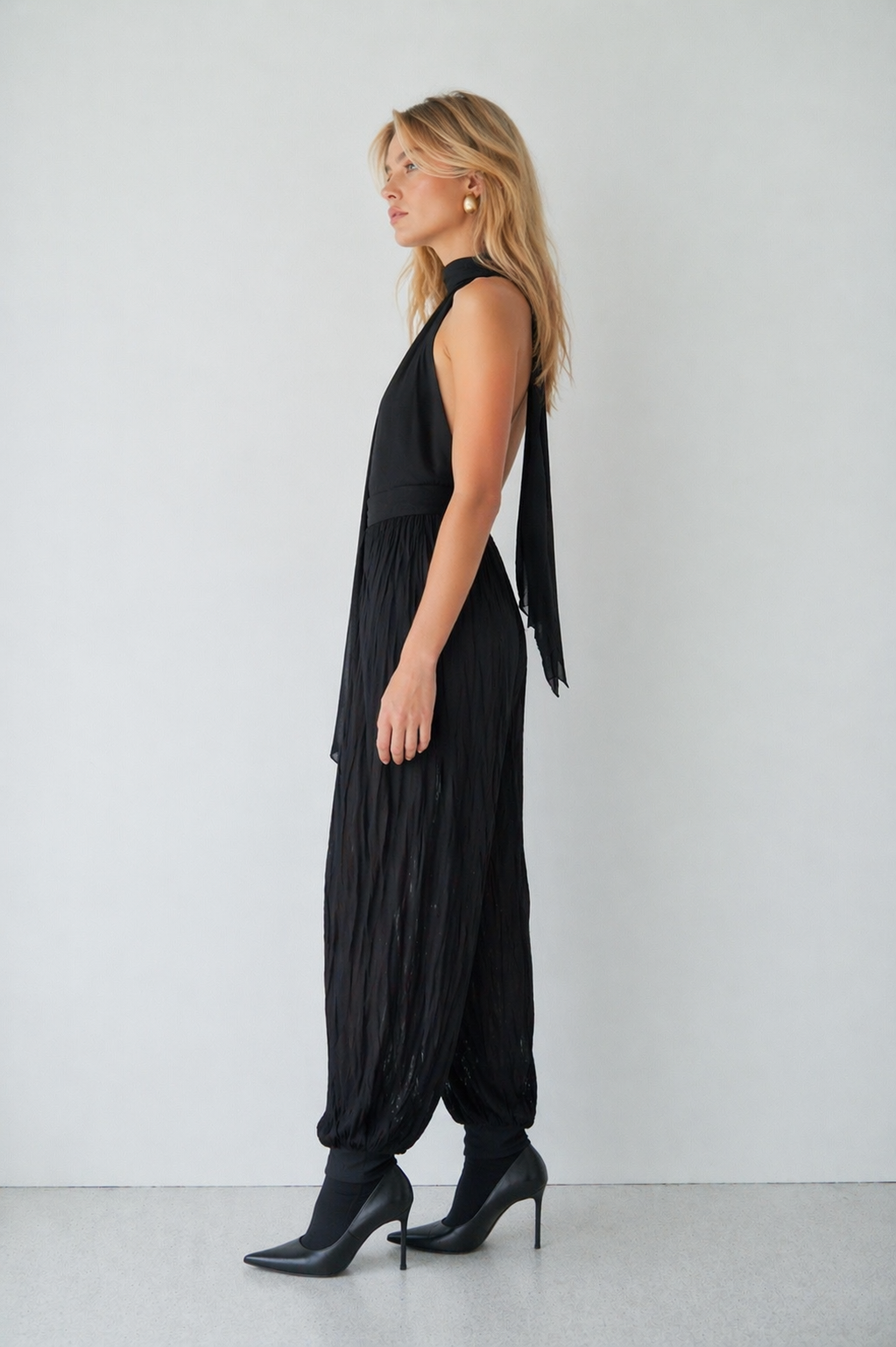 Deep V Halter Bodysuit with Scarf Neck Detail