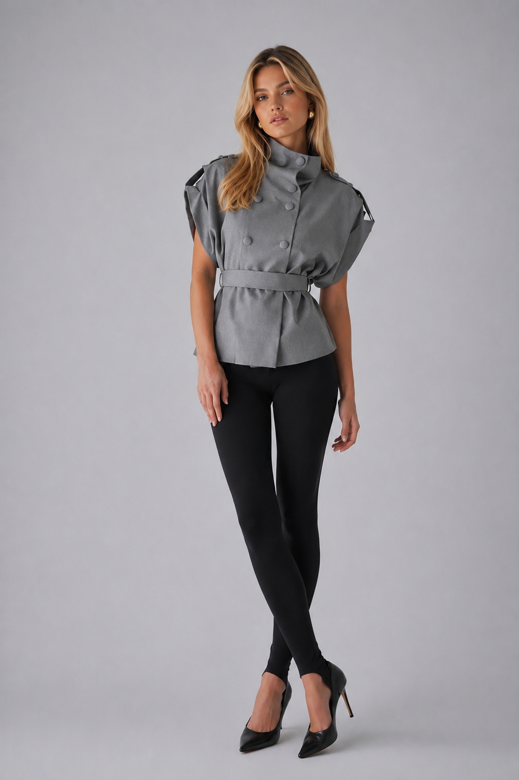 Structured High-Neck Tailored Vest with Belt