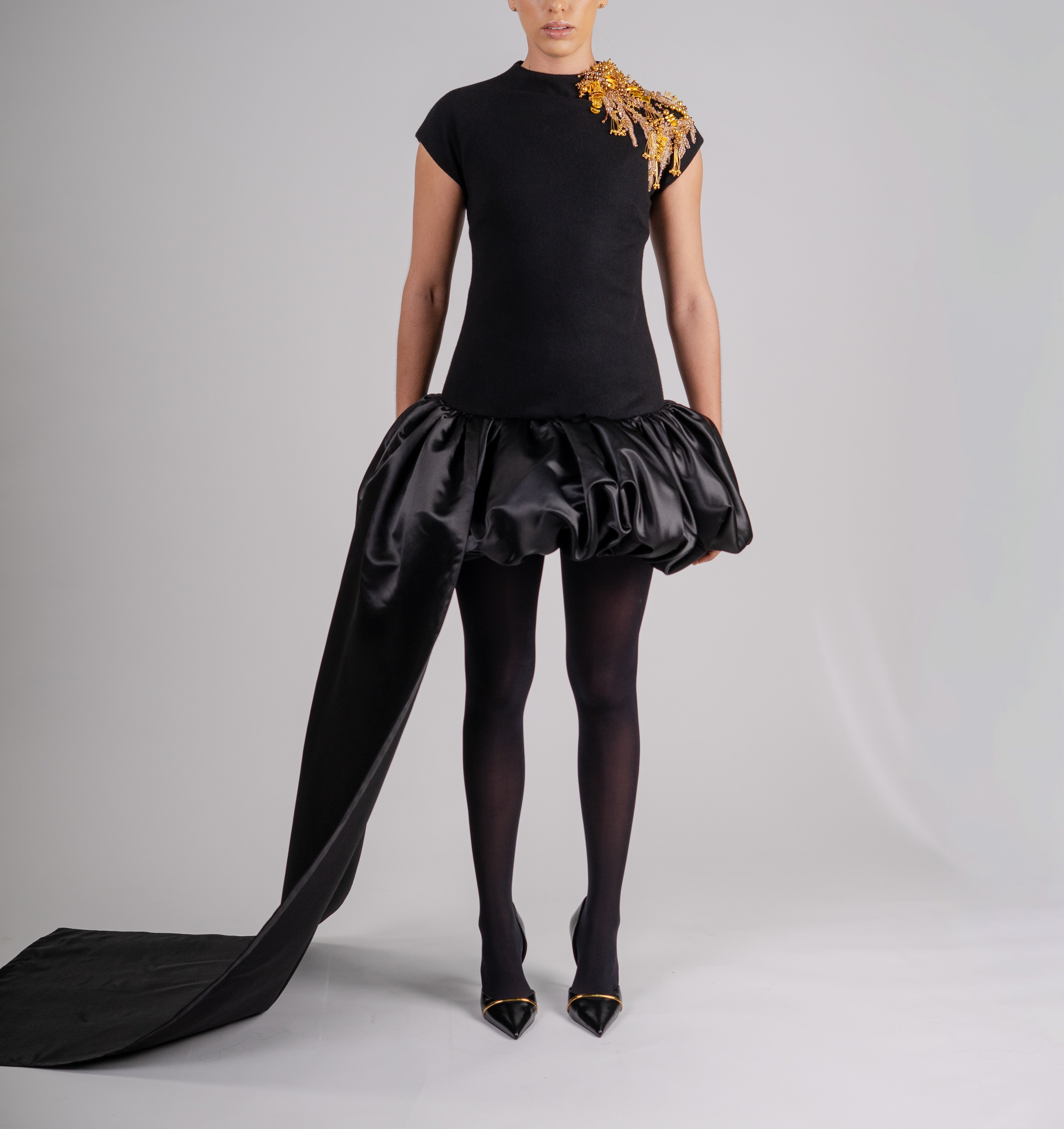 Black Dress with Bubble Skirt and Side Train