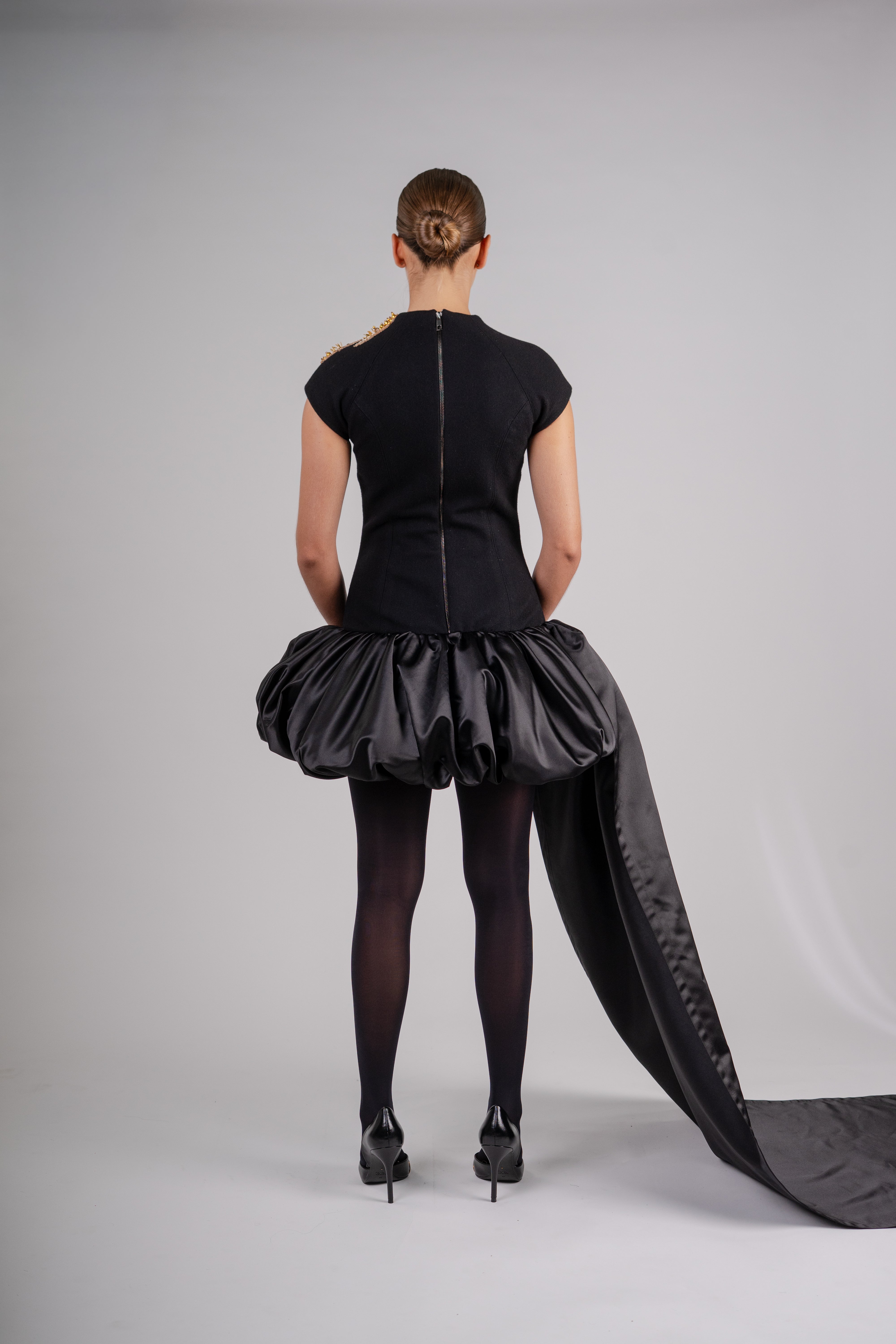 Black Dress with Bubble Skirt and Side Train