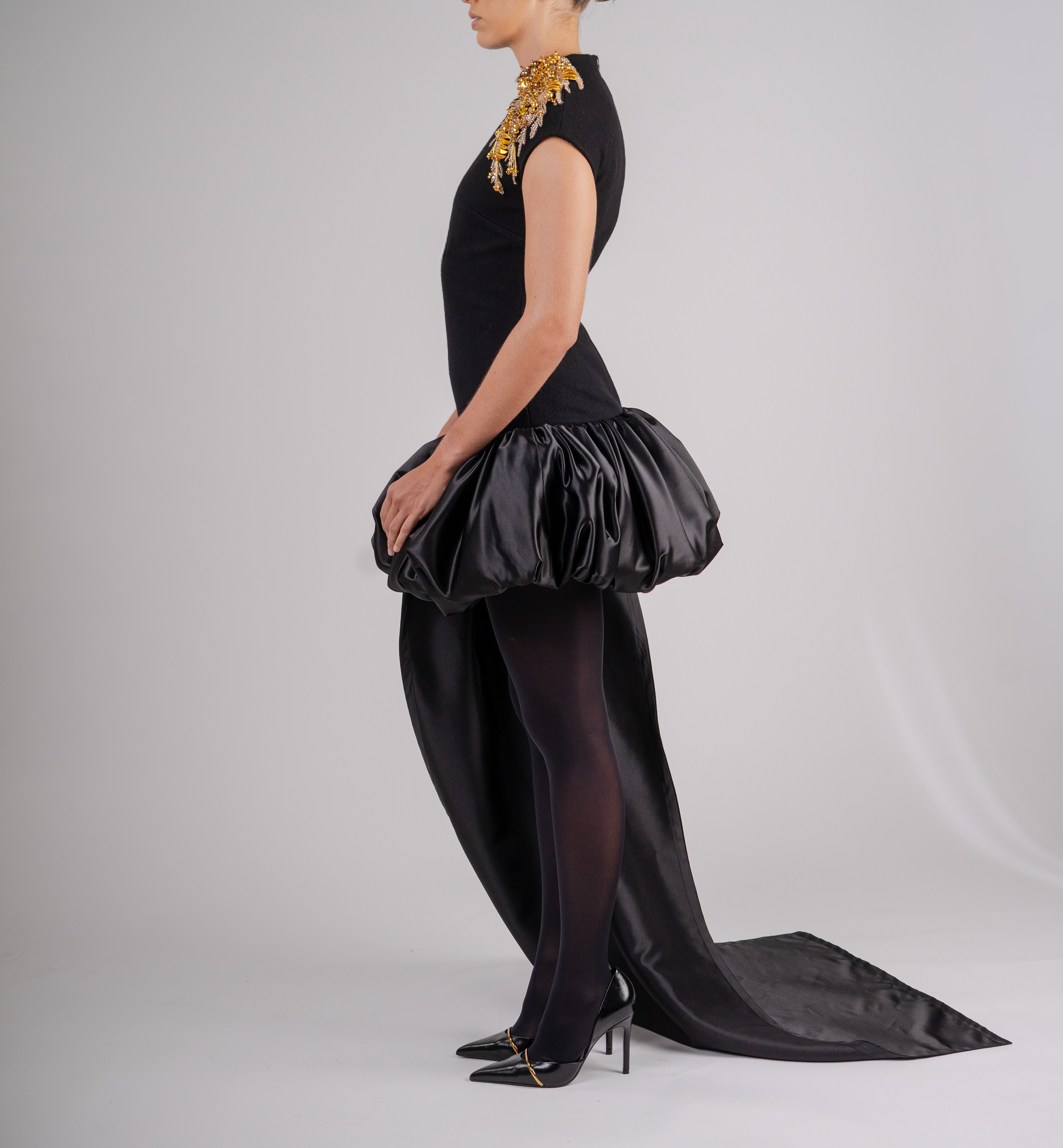 Black Dress with Bubble Skirt and Side Train