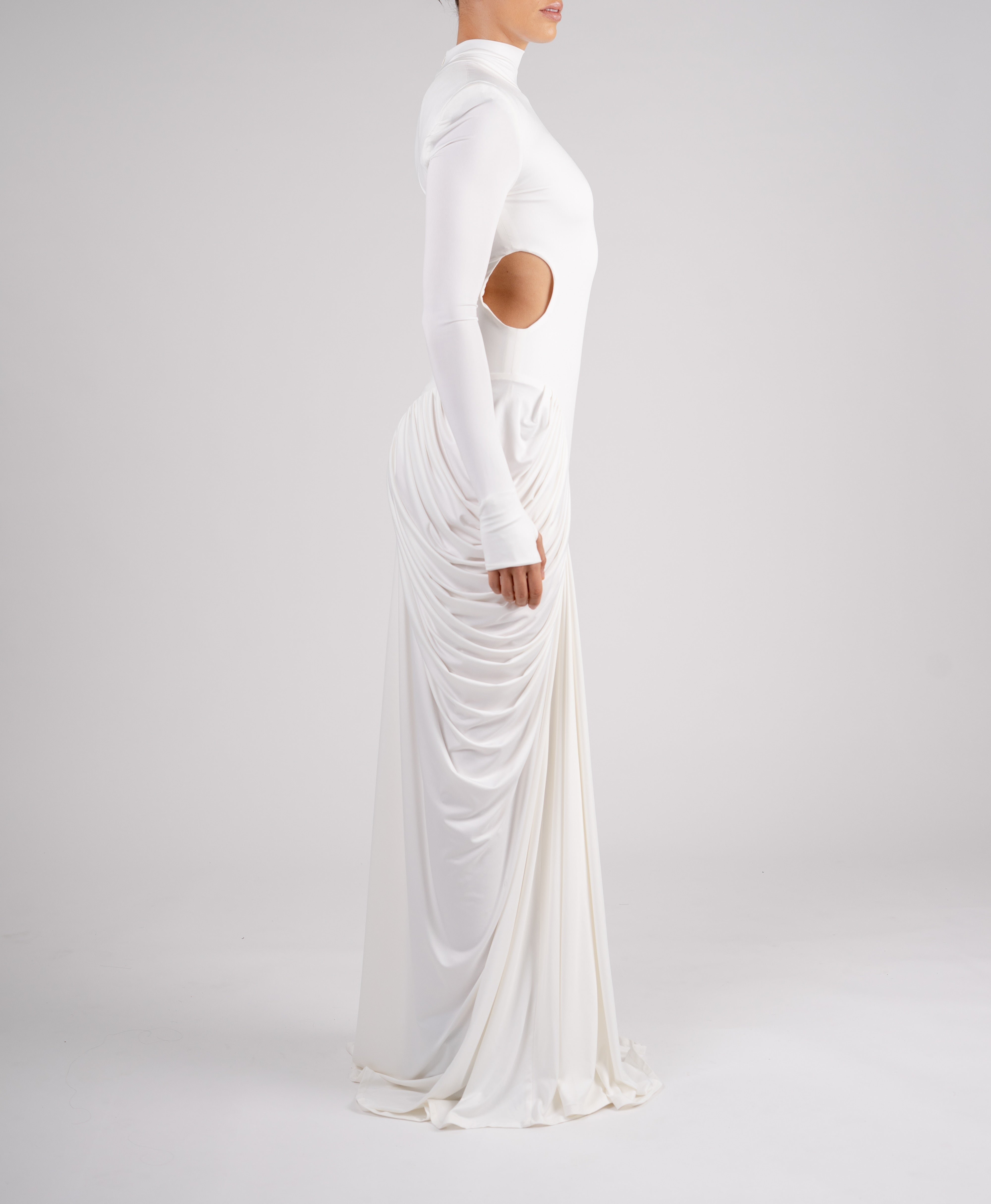 High-neck draped gown