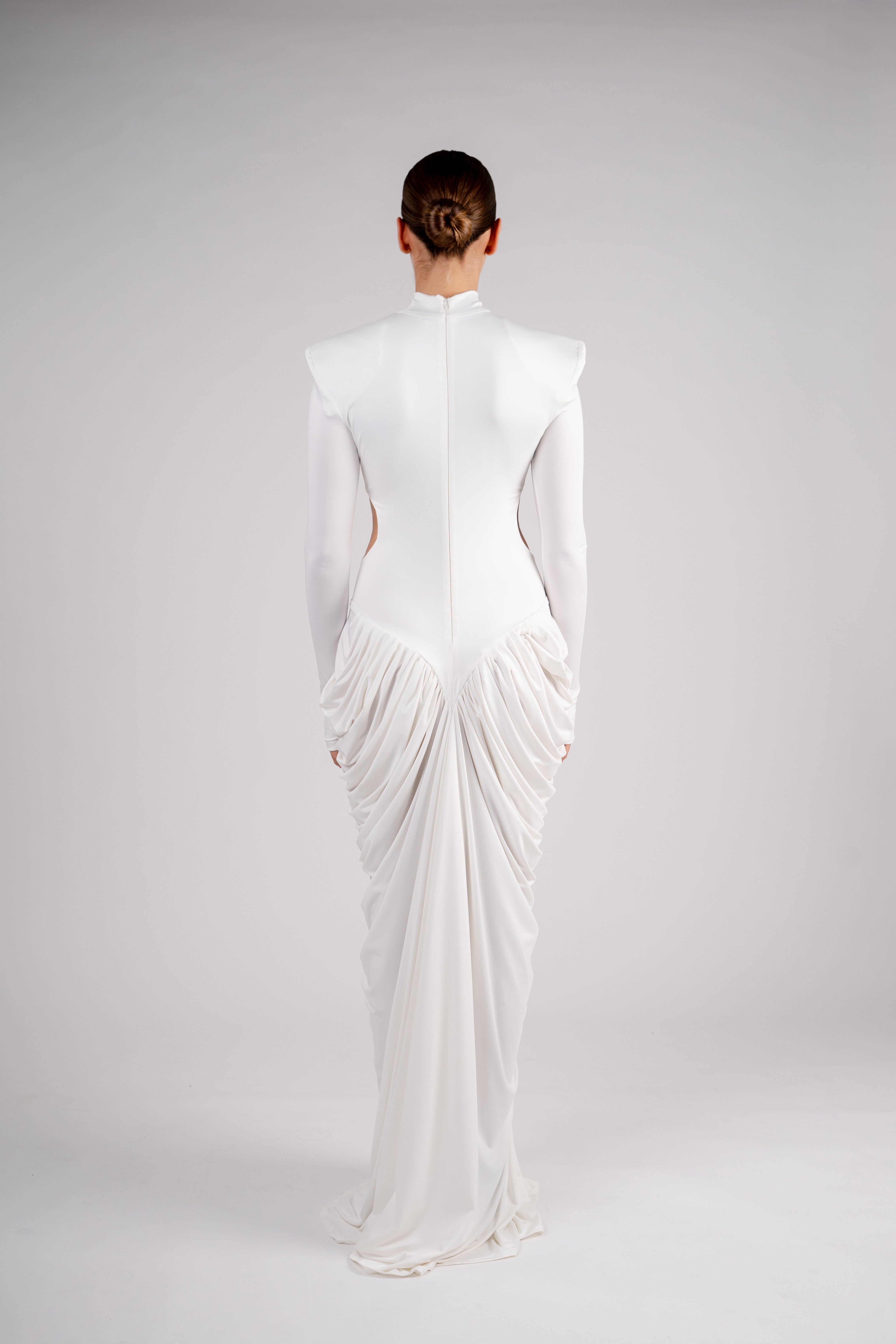 High-neck draped gown
