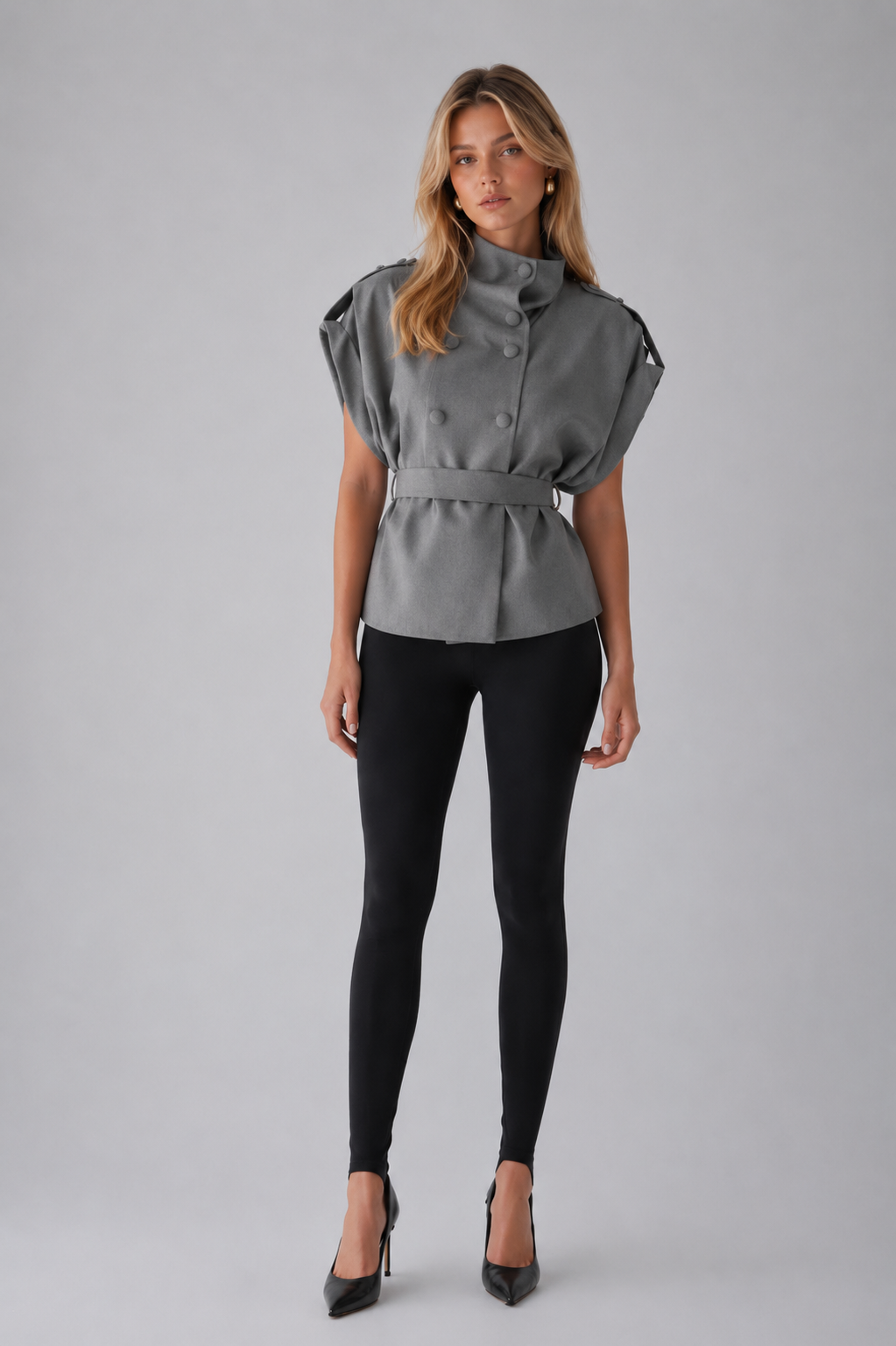 Structured High-Neck Tailored Vest with Belt