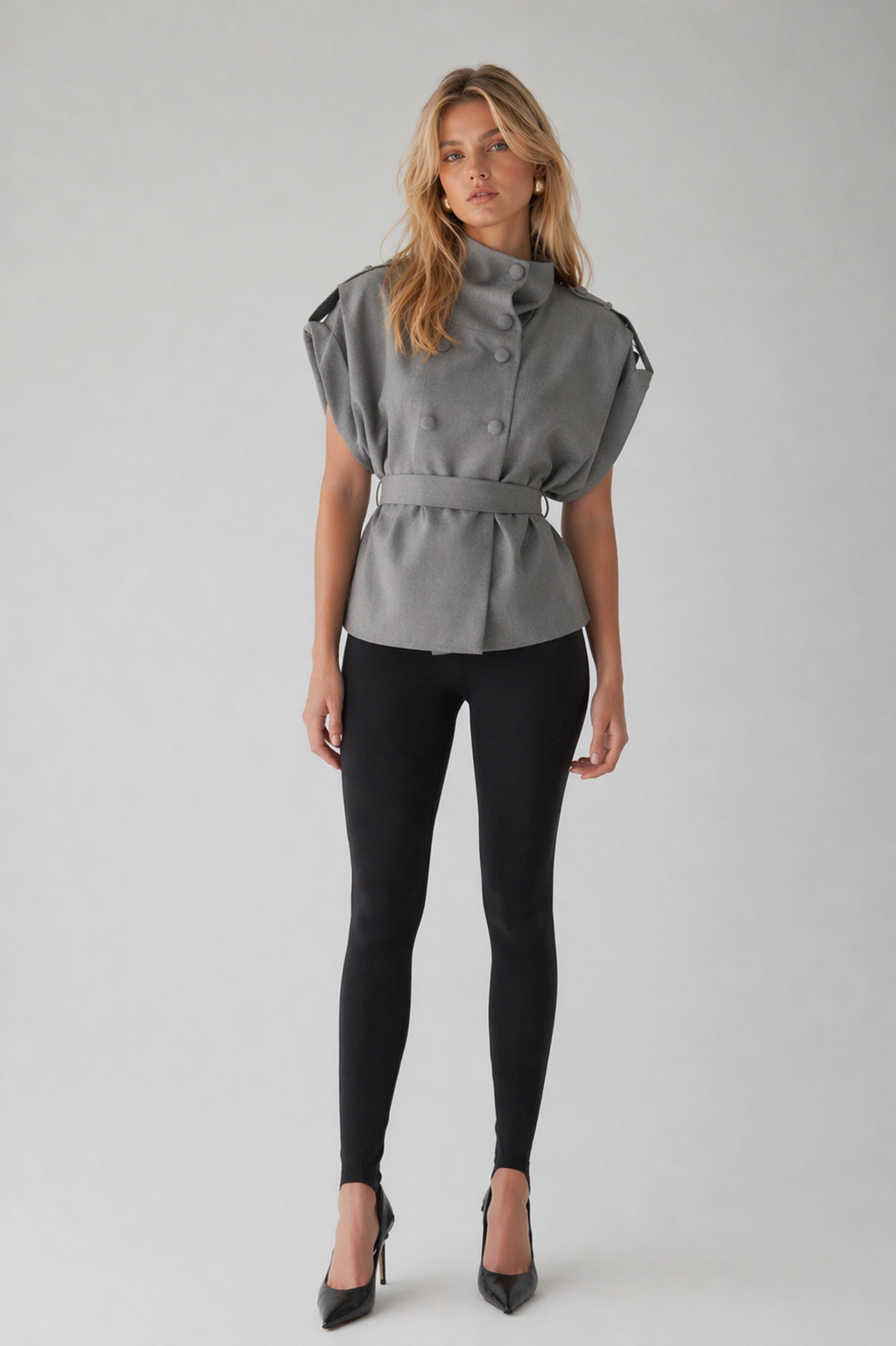 Structured High-Neck Tailored Vest with Belt