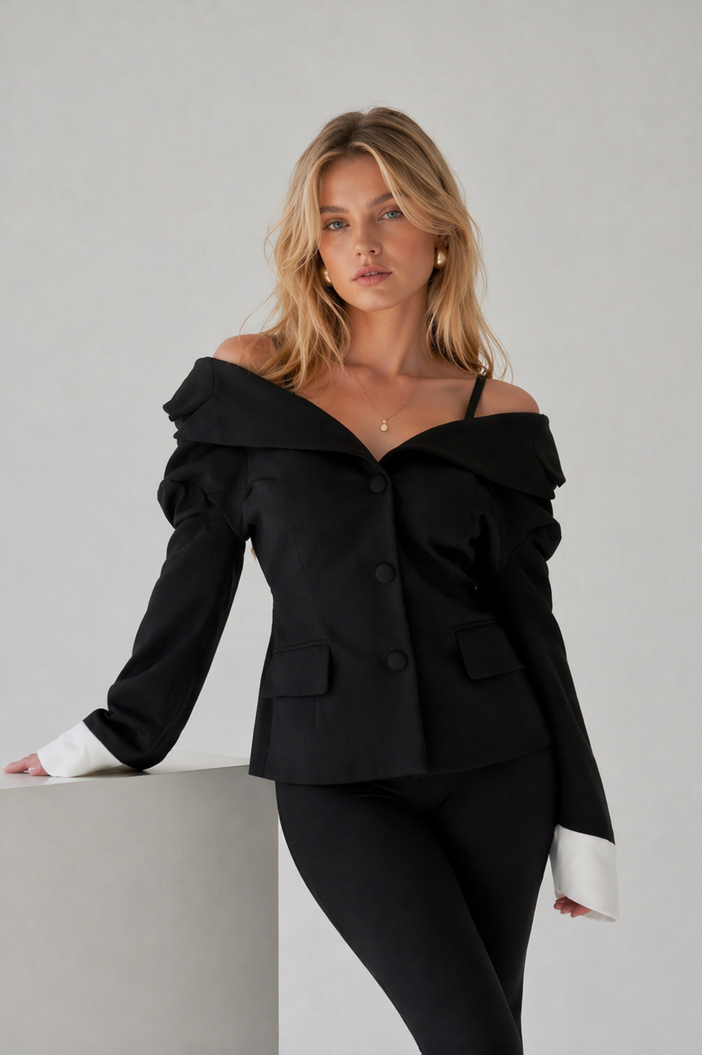 Structured Off-Shoulder Tailored Blazer